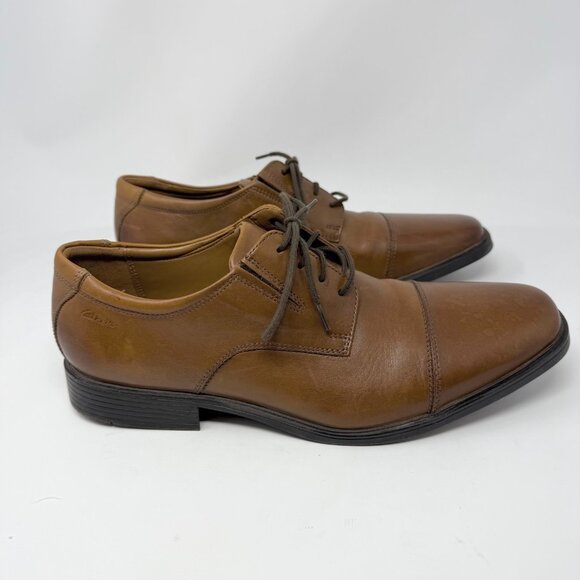 CLARKS Mens Size 11M Brown Leather Cap Toe Lace Up Derby Dress Shoe - Picture 1 of 9